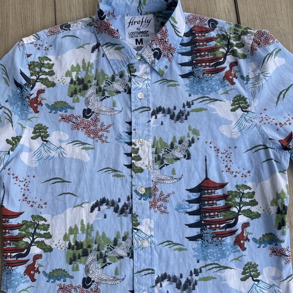 Japanese Hawaiian Men's M Shirt Firefly Lootwear LTD Ed. Dinosaurs Pagoda Nature - Picture 2 of 11